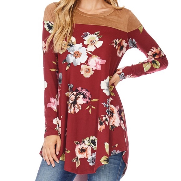 Burgundy Floral Tunic Top with Suede Shoulders - Picture 3 of 5